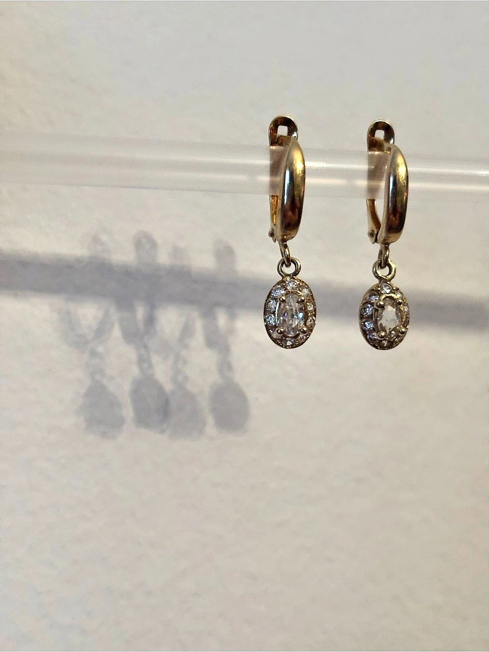 14K Yellow Gold Diamond or CZ (?) Lever Bag Dangle Earrings For Pierced Ears